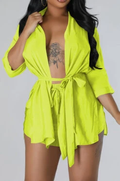 Solid Color Casual Lace-Up Pant Suit 12 Solid Color Casual Lace-Up Pant Suit -Prettytina H23051007 YE 1