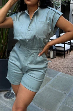 Solid Color Casual Multi Pocket Romper -Prettytina H23051056 BL 1