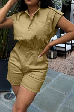 Solid Color Casual Multi Pocket Romper