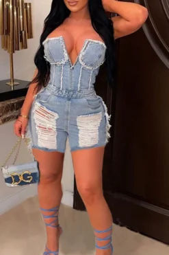 Ripped Burrs Stylish Denim Romper
