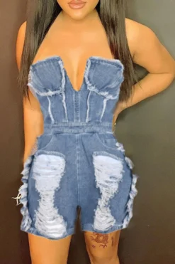 Ripped Burrs Stylish Denim Romper -Prettytina H23051063 BL 3