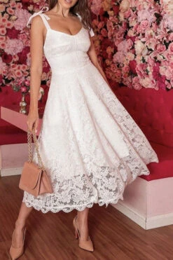 Solid Color Lace Sweet Tie Strap Midi Dress