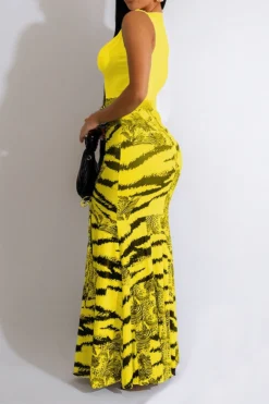 Zebra Print Patchwork Urban High Split Maxi Dress -Prettytina H23051114 YE 2