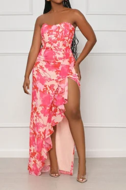 Floral Print Romantic Ruffle High Split Maxi Dress