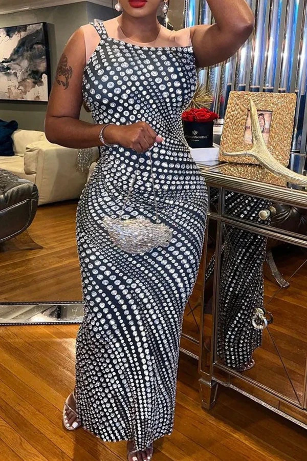 Rhinestone Print Unusual One Shoulder Maxi Dress 2 Rhinestone Print Unusual One Shoulder Maxi Dress - Image 2