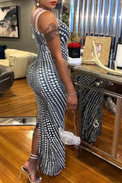 Rhinestone Print Unusual One Shoulder Maxi Dress 5 Rhinestone Print Unusual One Shoulder Maxi Dress -Prettytina H23051134 BK 3