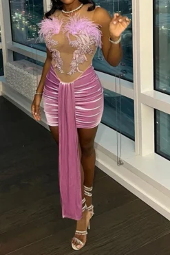 Feather Trim Applique Rocking Ribbons Mini Dress 8 Feather Trim Applique Rocking Ribbons Mini Dress -Prettytina H23051140 PI 3