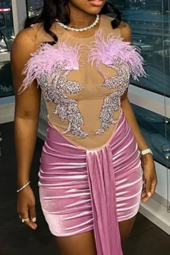 Feather Trim Applique Rocking Ribbons Mini Dress 9 Feather Trim Applique Rocking Ribbons Mini Dress -Prettytina H23051140 PI 4