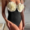 3D Rose Decor Elegant Hit Color One Piece Swimwear