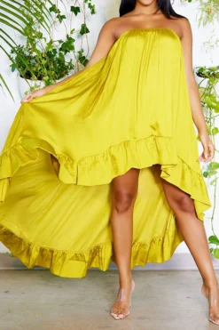 Solid Color Urban Ruffle High Low Maxi Dress 10 Solid Color Urban Ruffle High Low Maxi Dress -Prettytina H23051806 YE 3