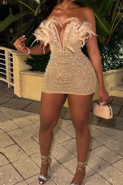 Feather Decor Luxe Rhinestone Mini Dress -Prettytina H23051813 AP 2