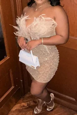 Feather Decor Luxe Rhinestone Mini Dress -Prettytina H23051813 AP 3