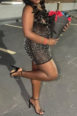 Feather Decor Luxe Rhinestone Mini Dress -Prettytina H23051813 BK 3