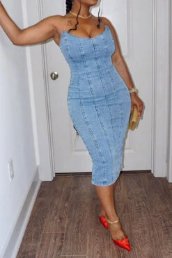 Patchwork Simple Split Back Denim Midi Dress