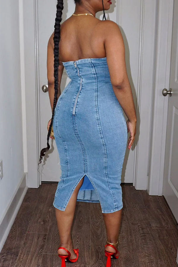 Patchwork Simple Split Back Denim Midi Dress 2 Patchwork Simple Split Back Denim Midi Dress - Image 2