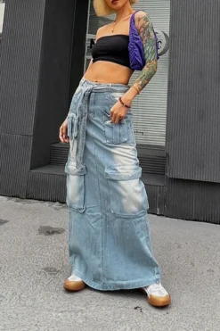 Gradient Punk Multi Pocket Belted Denim Skirt -Prettytina H23051917 BL 3