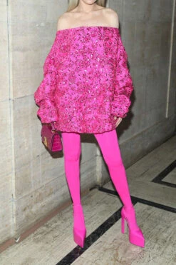 Floral Jacquard Sequined Trim Girly Bubble Mini Dress & Pantyhose -Prettytina H23051934 RR 3