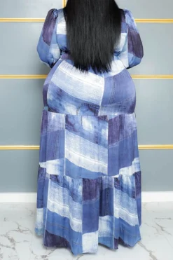 Denim Print Casual Belted Tiered Maxi Dress 5 Denim Print Casual Belted Tiered Maxi Dress -Prettytina H23060214 BL 3