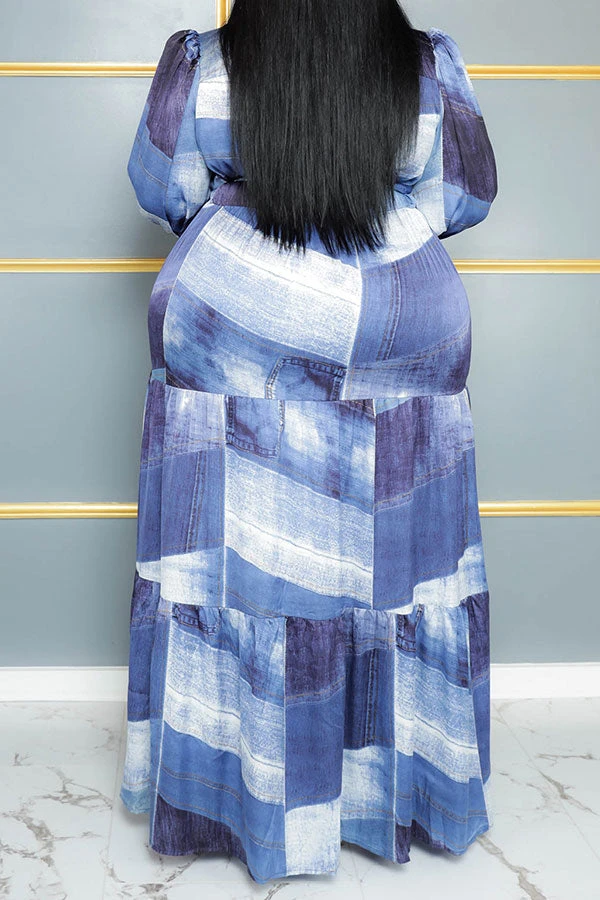 Denim Print Casual Belted Tiered Maxi Dress 3 Denim Print Casual Belted Tiered Maxi Dress - Image 3
