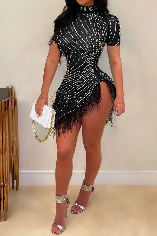 Rhinestone & Beaded Decor On-trend Irregular Feather Hem Mini Dress 1 Rhinestone & Beaded Decor On-trend Irregular Feather Hem Mini Dress