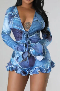 Denim Print Smart Lace-Up Ruffle Romper