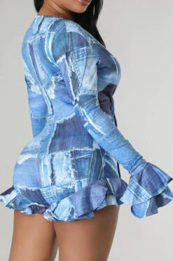 Denim Print Smart Lace-Up Ruffle Romper -Prettytina H23060248 BL 5