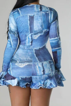 Denim Print Smart Lace-Up Ruffle Romper -Prettytina H23060248 BL 6