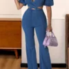 Solid Color Glamorous Front Wrap Denim Jumpsuit