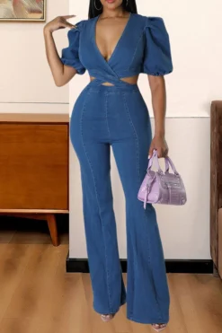 Solid Color Glamorous Front Wrap Denim Jumpsuit