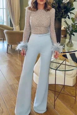 Sequined & Feather Decor Elegant Belted Jumpsuit -Prettytina H23060261 BL 1