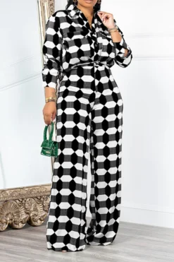 Geometric Print Commuting Pocket Pant Suit 8 Geometric Print Commuting Pocket Pant Suit -Prettytina H23060276 BK 1