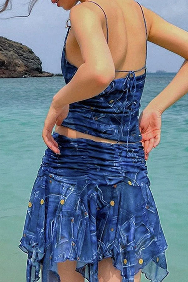 Denim Print Metal Decor Punk Irregular Skirt Suit 2 Denim Print Metal Decor Punk Irregular Skirt Suit - Image 2