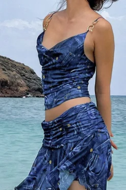 Denim Print Metal Decor Punk Irregular Skirt Suit 7 Denim Print Metal Decor Punk Irregular Skirt Suit -Prettytina H23060284 BL 3