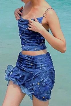 Denim Print Metal Decor Punk Irregular Skirt Suit 8 Denim Print Metal Decor Punk Irregular Skirt Suit -Prettytina H23060284 BL 4