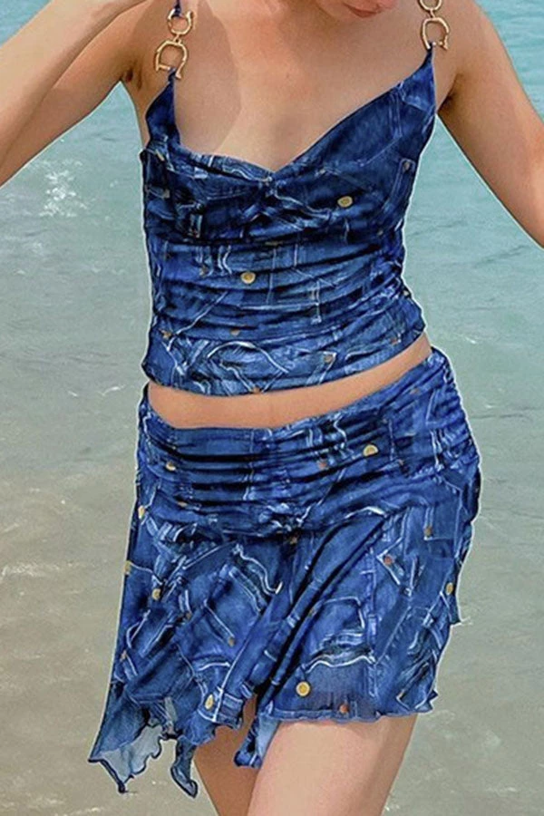 Denim Print Metal Decor Punk Irregular Skirt Suit 5 Denim Print Metal Decor Punk Irregular Skirt Suit - Image 5