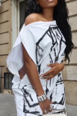 Abstract Print Stylish Boat Neck Mini Dress -Prettytina H23060903 WH 3