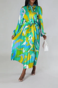 Graphic Print Feminine Belted Pleated Midi Dress -Prettytina H23060940 GR 1