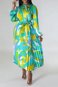 Graphic Print Feminine Belted Pleated Midi Dress -Prettytina H23060940 GR 2