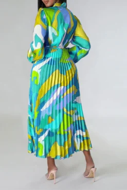 Graphic Print Feminine Belted Pleated Midi Dress -Prettytina H23060940 GR 3