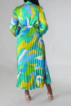 Graphic Print Feminine Belted Pleated Midi Dress -Prettytina H23060940 GR 4