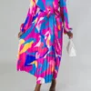 Graphic Print Feminine Belted Pleated Midi Dress
