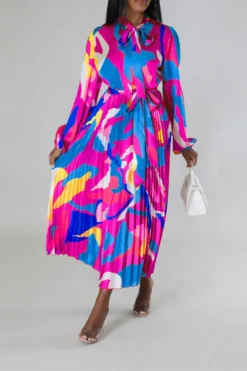 Graphic Print Feminine Belted Pleated Midi Dress