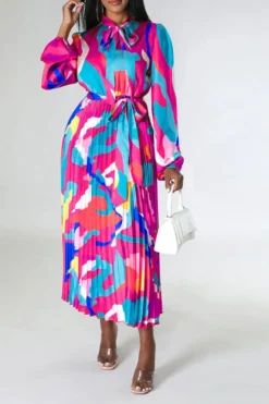 Graphic Print Feminine Belted Pleated Midi Dress -Prettytina H23060940 PU 3