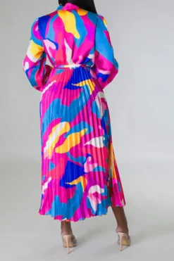 Graphic Print Feminine Belted Pleated Midi Dress -Prettytina H23060940 PU 4