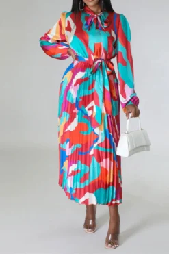 Graphic Print Feminine Belted Pleated Midi Dress -Prettytina H23060940 RE 2