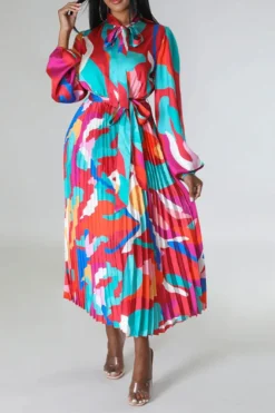 Graphic Print Feminine Belted Pleated Midi Dress -Prettytina H23060940 RE 3