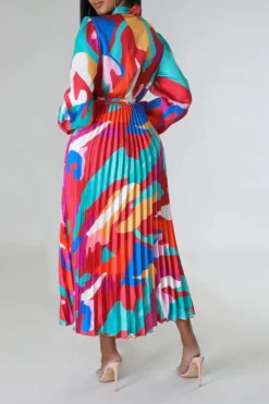 Graphic Print Feminine Belted Pleated Midi Dress -Prettytina H23060940 RE 4