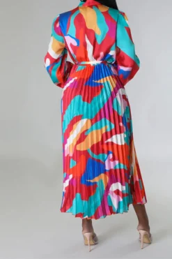 Graphic Print Feminine Belted Pleated Midi Dress -Prettytina H23060940 RE 5
