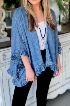 Solid Color Elegant Ruffle Denim Coat