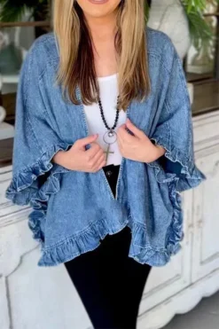 Solid Color Elegant Ruffle Denim Coat -Prettytina H23060953 BL 3